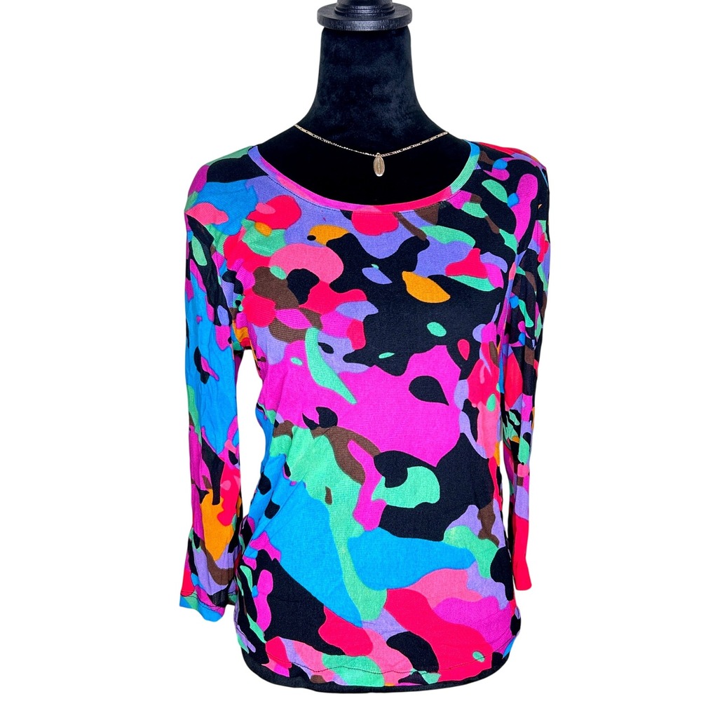 Y2K Vintage Lynn Ritchie Silver Top Wmns Medium Multicolor Mesh Artsy Camo shirt